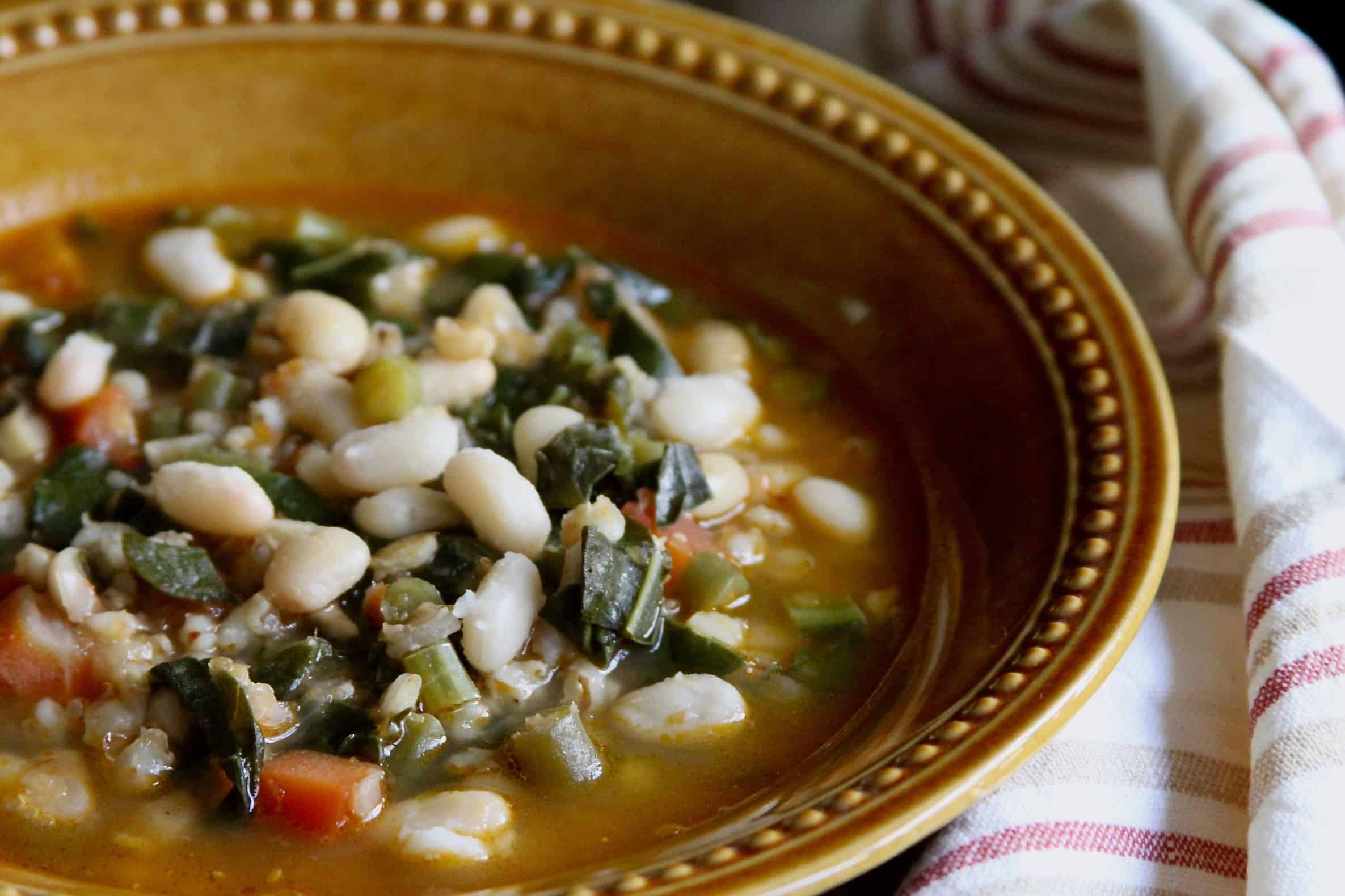 White Bean, Barley & Mustard Greens Soup