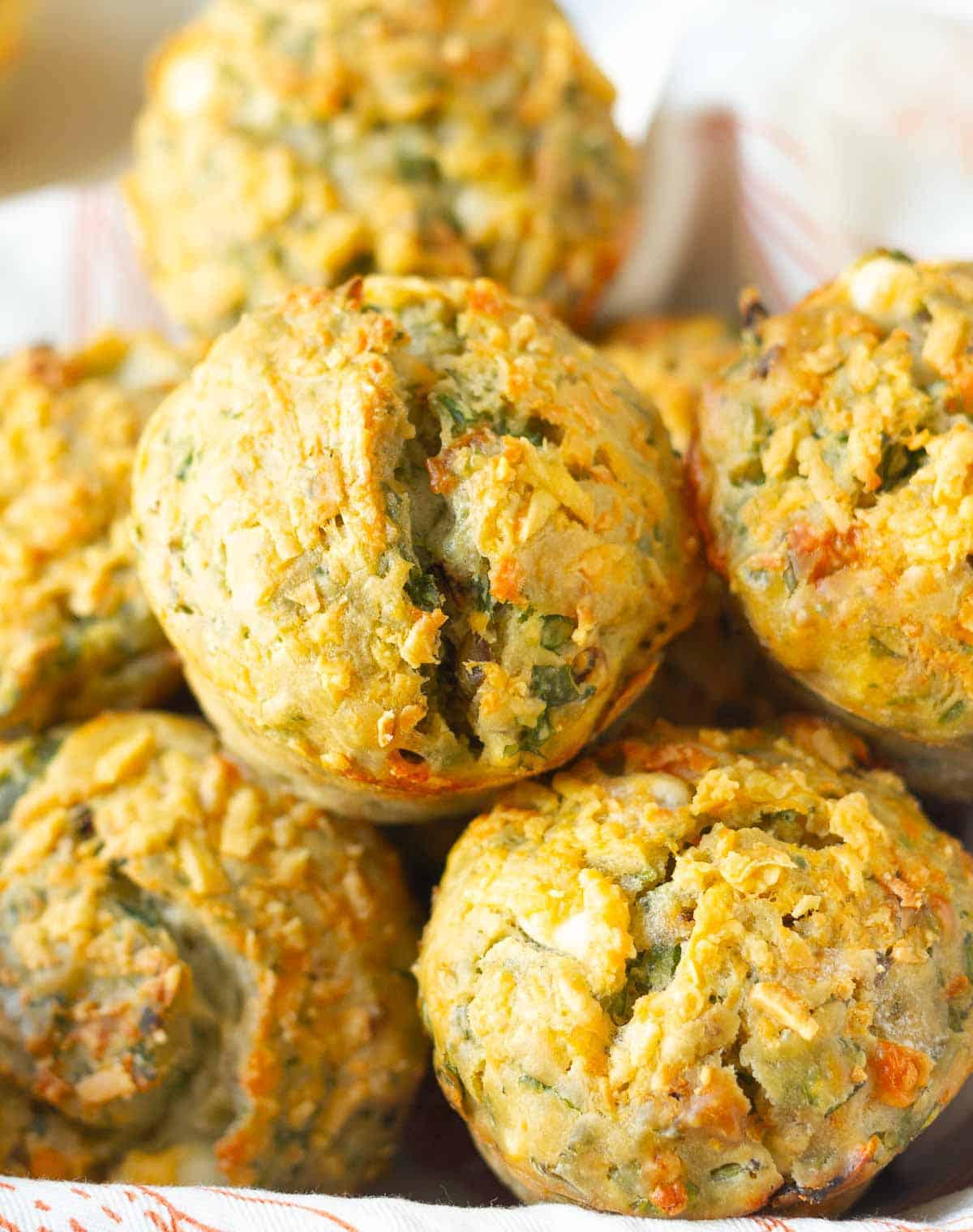 Spinach feta muffins in a basket.