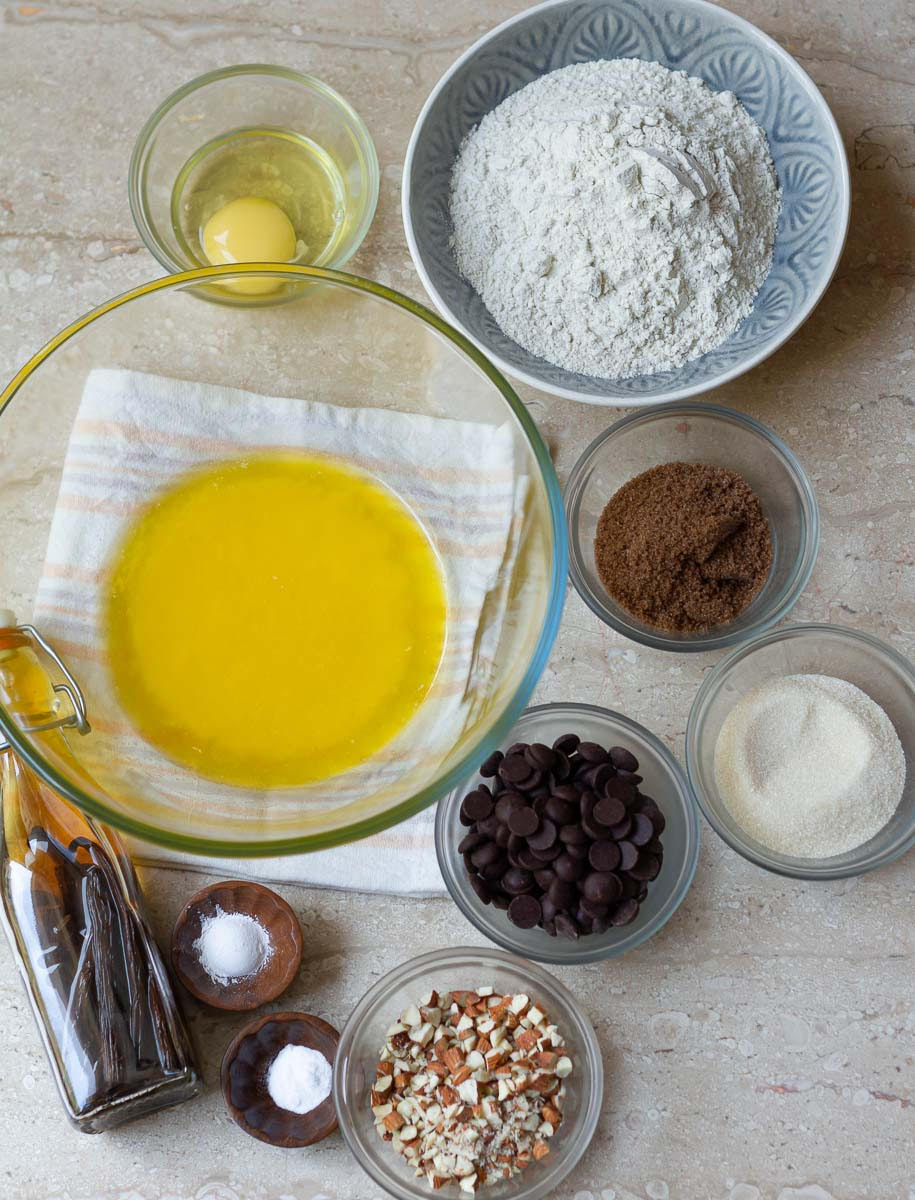 Ingredients for gluten-free chocolate chip cookies