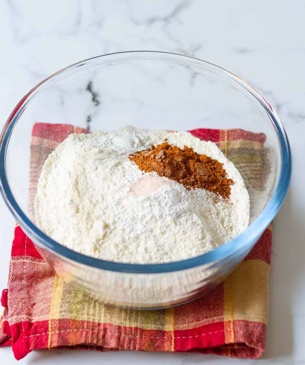 Dry ingredients in a large glass mixing bowl