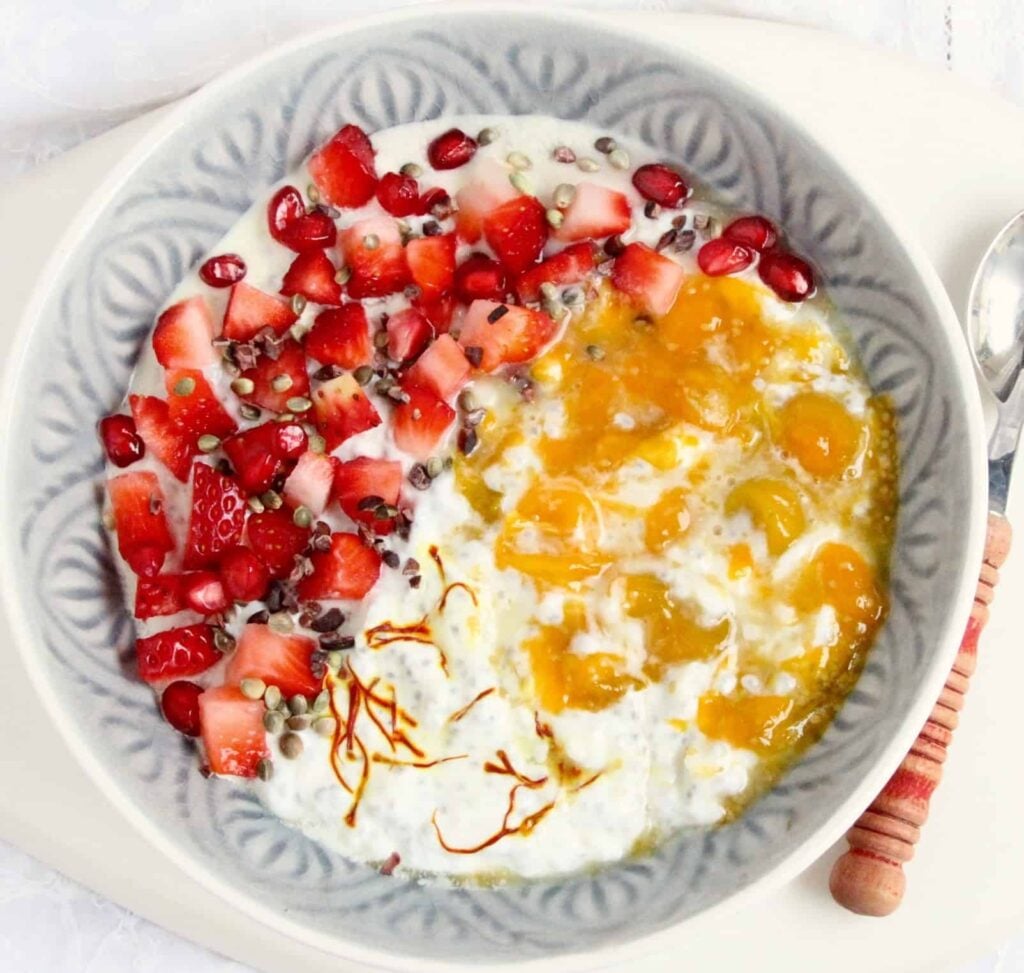 Saffron Chia- Poha ( flattened rice) Pudding & Gooseberry Compote