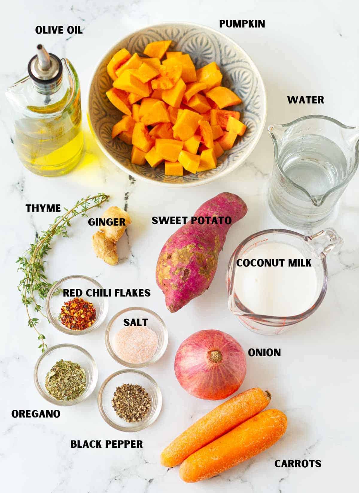Ingredients for making roasted sweet potato soup.