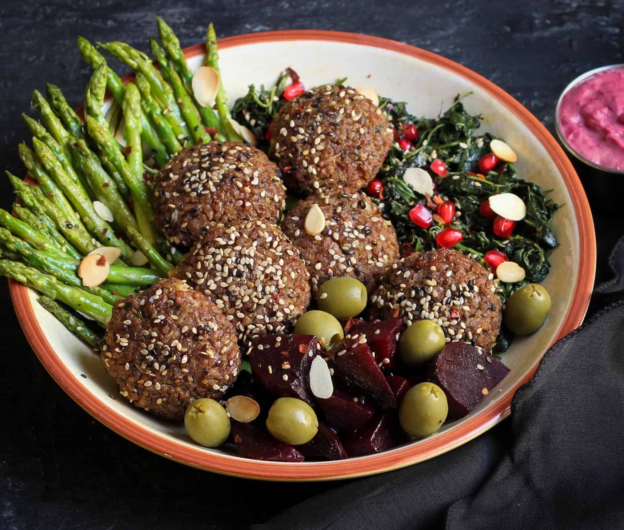 Simple Baked Red Rice Falafels with beetroot hummus