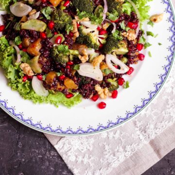 Warm Black Rice Broccoli Pumpkin Salad vegan, healthy, glutenfree, Thanksgiving, Christmas, Easy entertaining, Easy recipe