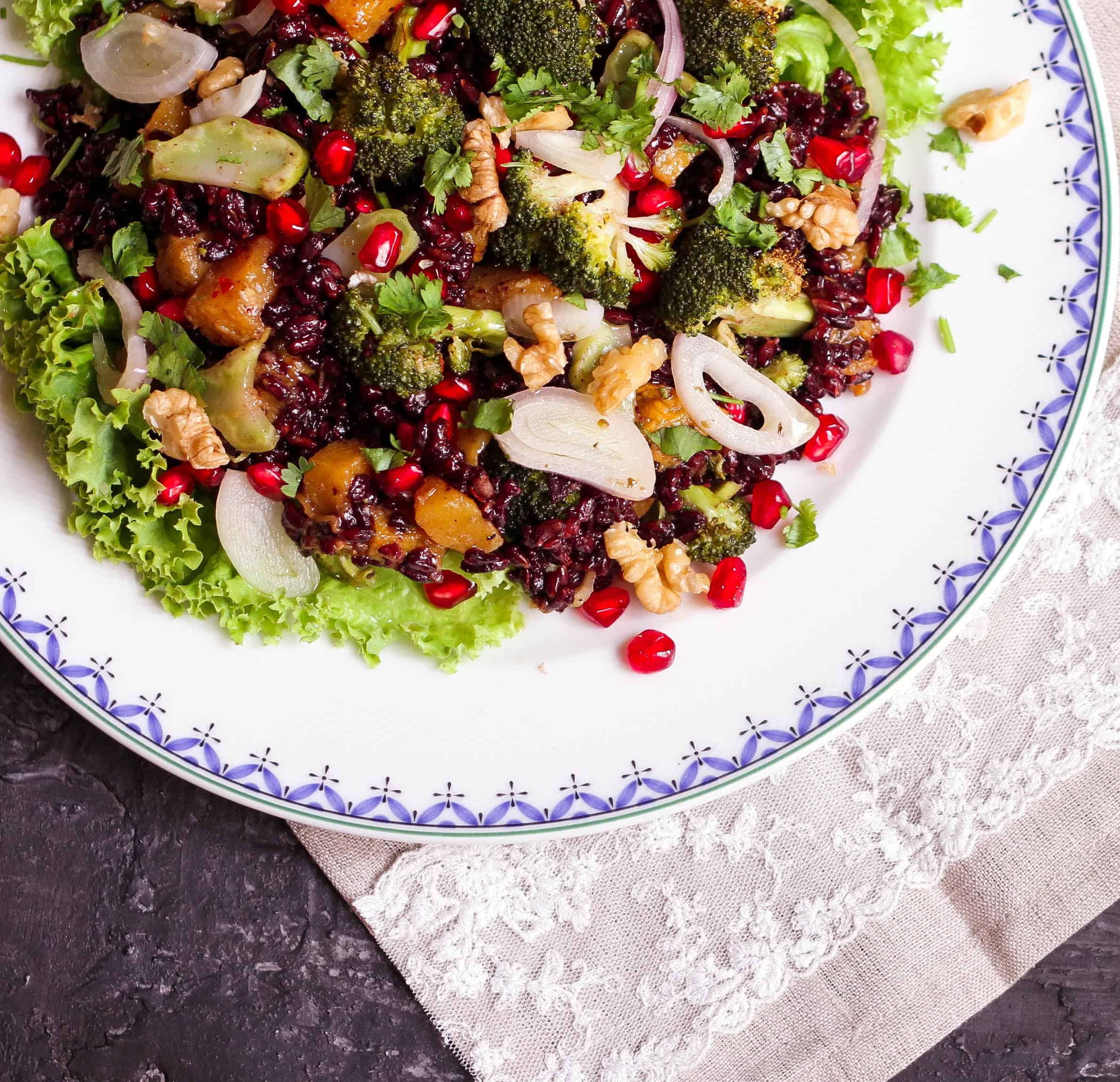 Warm Black Rice Broccoli Pumpkin Salad vegan, healthy, glutenfree, Thanksgiving, Christmas, Easy entertaining, Easy recipe