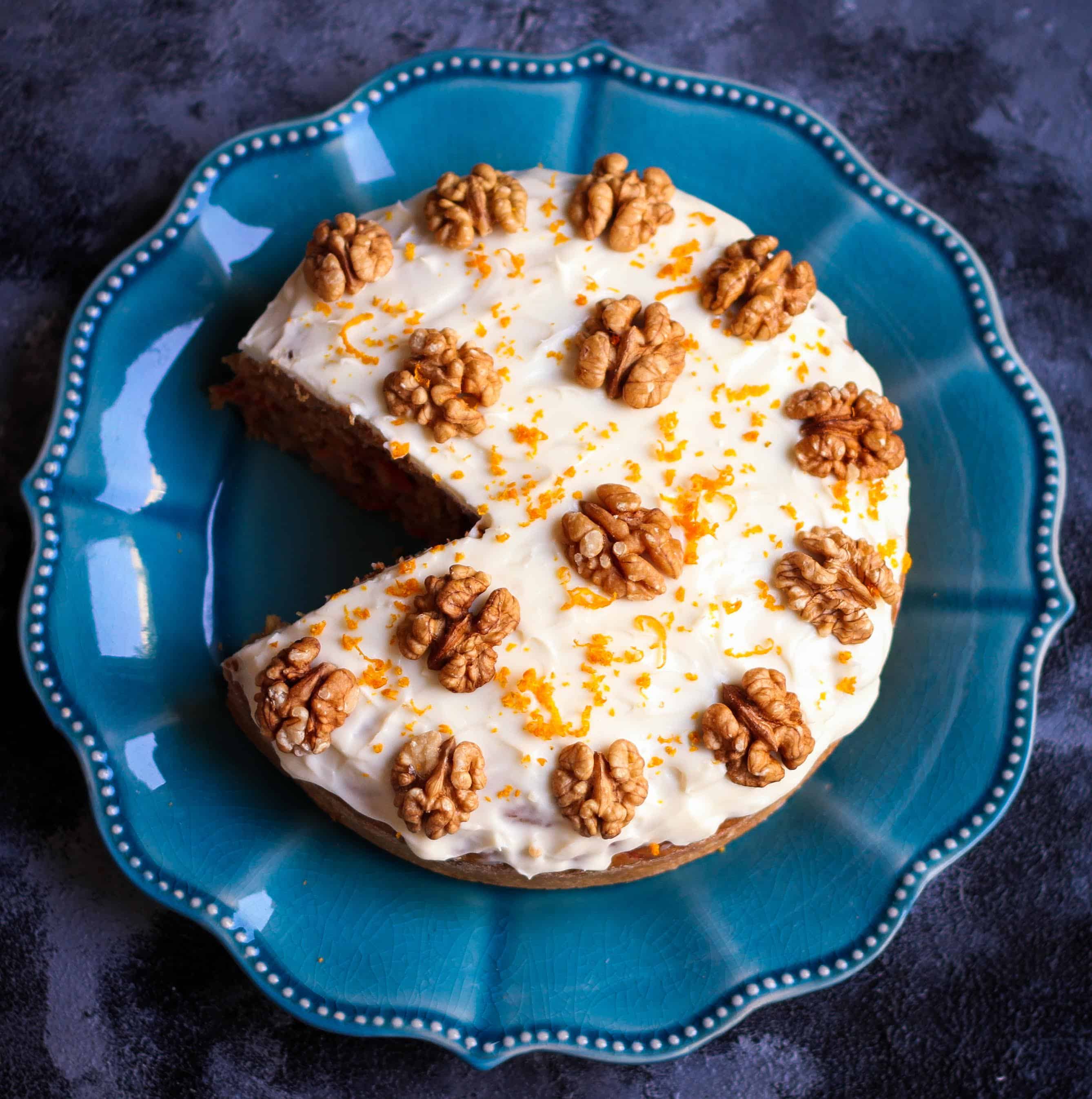 Eggless Wholewheat Carrot Cake moist, fresh orange flavoured, walnuts, dessert, baking, cream cheese frosting, teatime