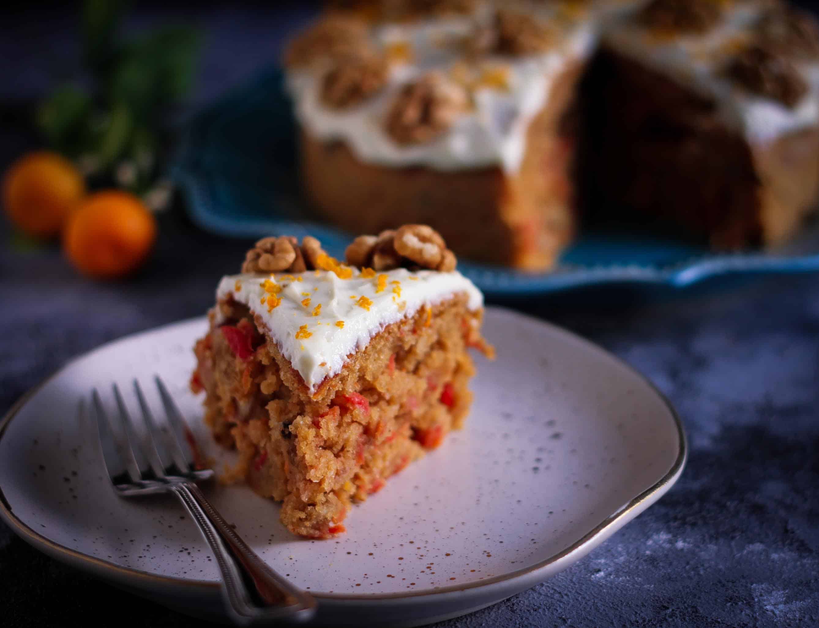 Eggless Wholewheat Carrot Cake moist, fresh orange flavoured, walnuts, dessert, baking, cream cheese frosting, teatime