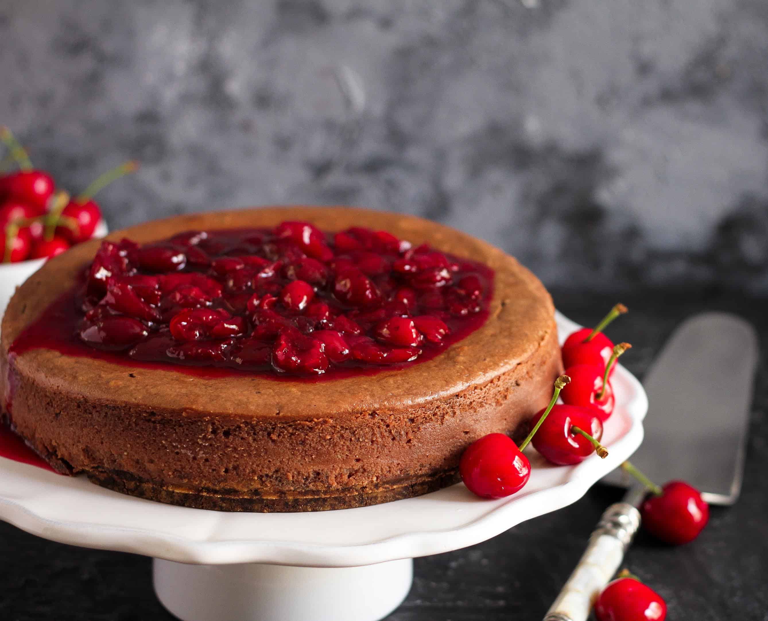 Chocolate Hazelnut Cheesecake w/ red wine cherry sauce | Dessert
