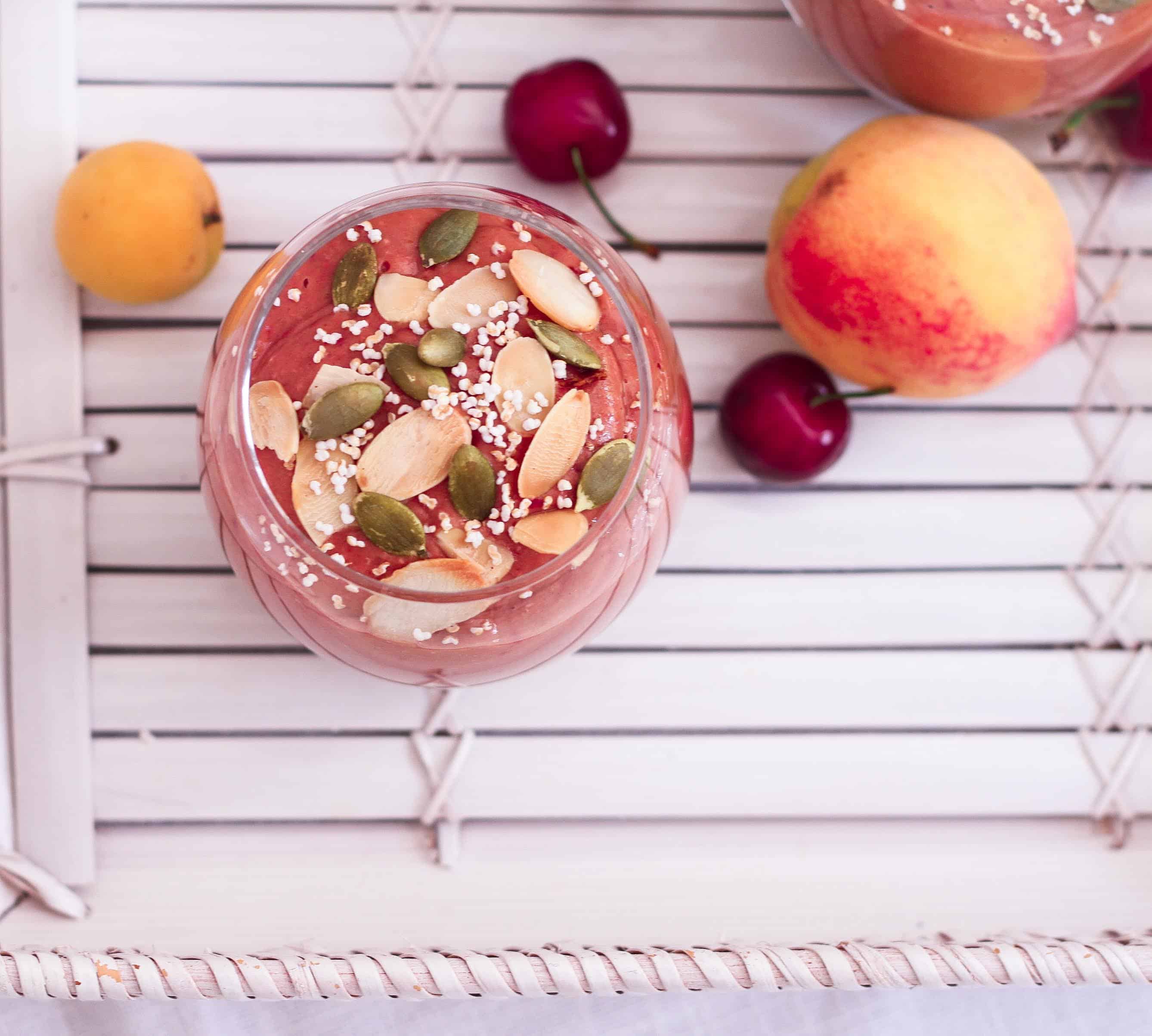 Apricot Mango Cherry Smoothie healthy summer breakfast easy recipe yogurt nourish 