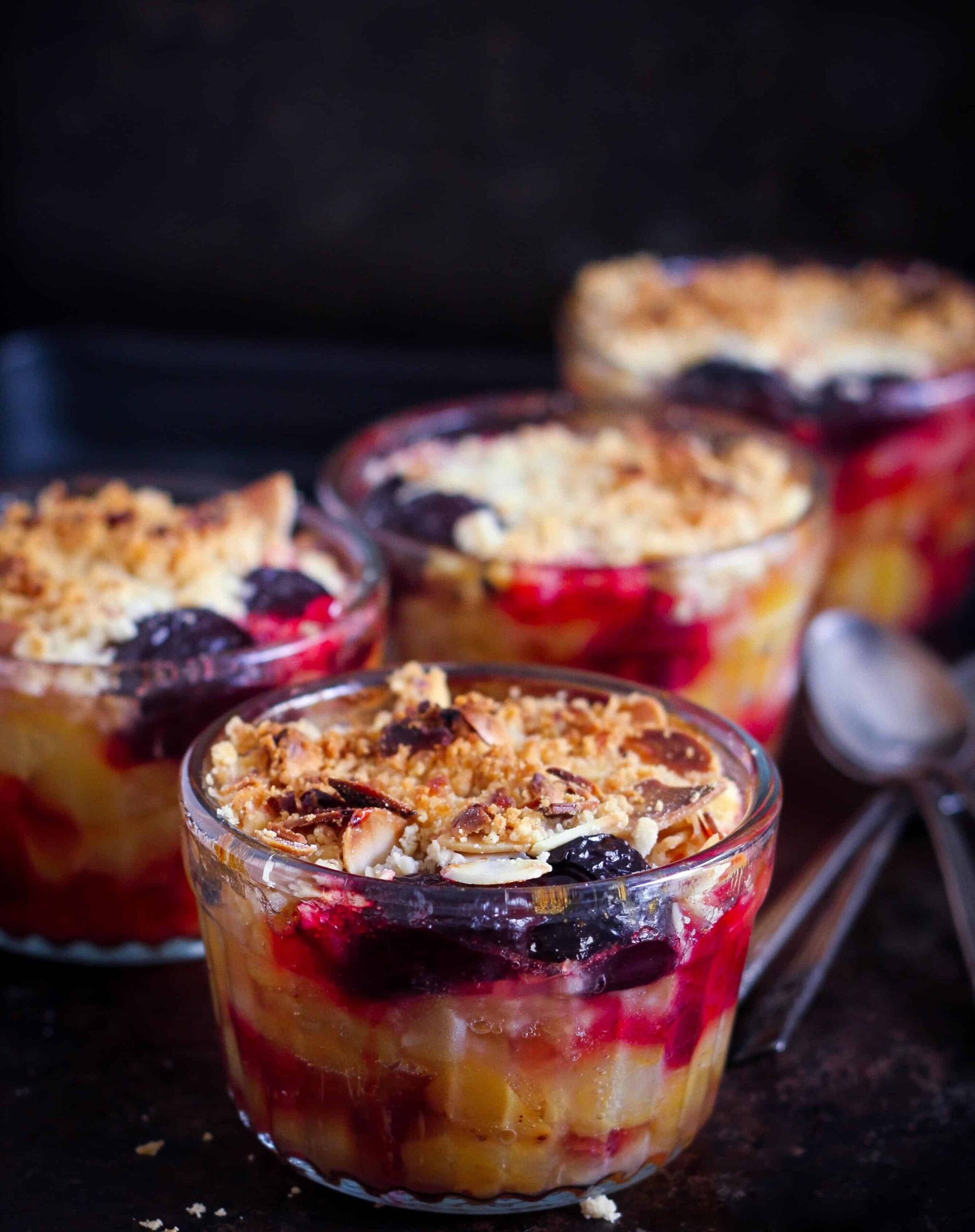 Plum Apricot Crumble in small ramekins.