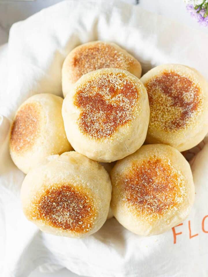A basket of English muffins made without an oven.
