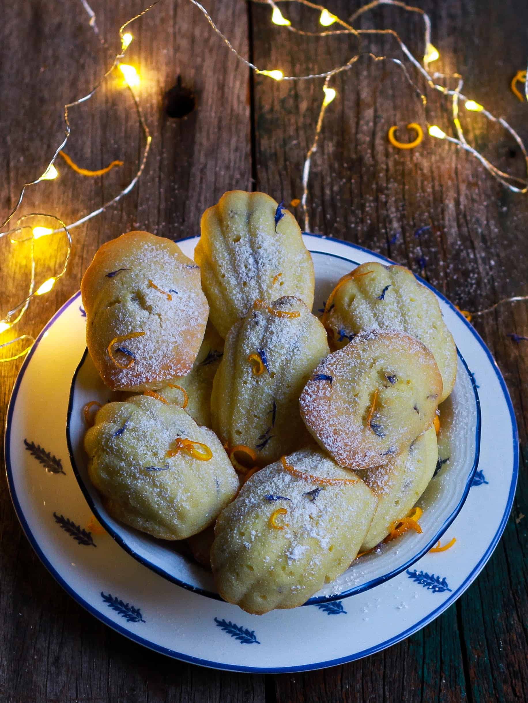 Orange Madeleines w/ dried blue cornflowers Orange Madeleines | Dried Blue Cornflowers French cake