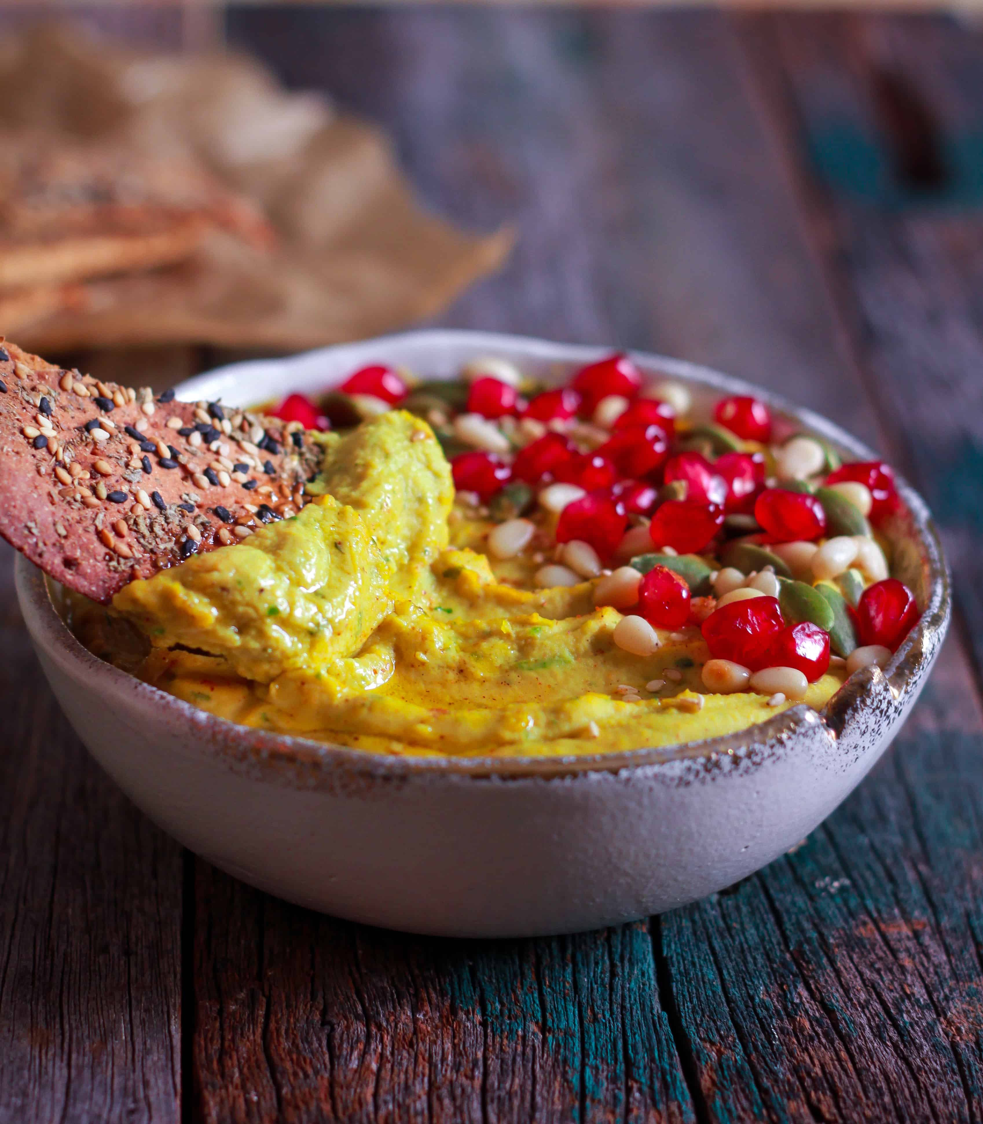 Roasted Carrot Hummus with turmeric healthy creamy vegan recipe