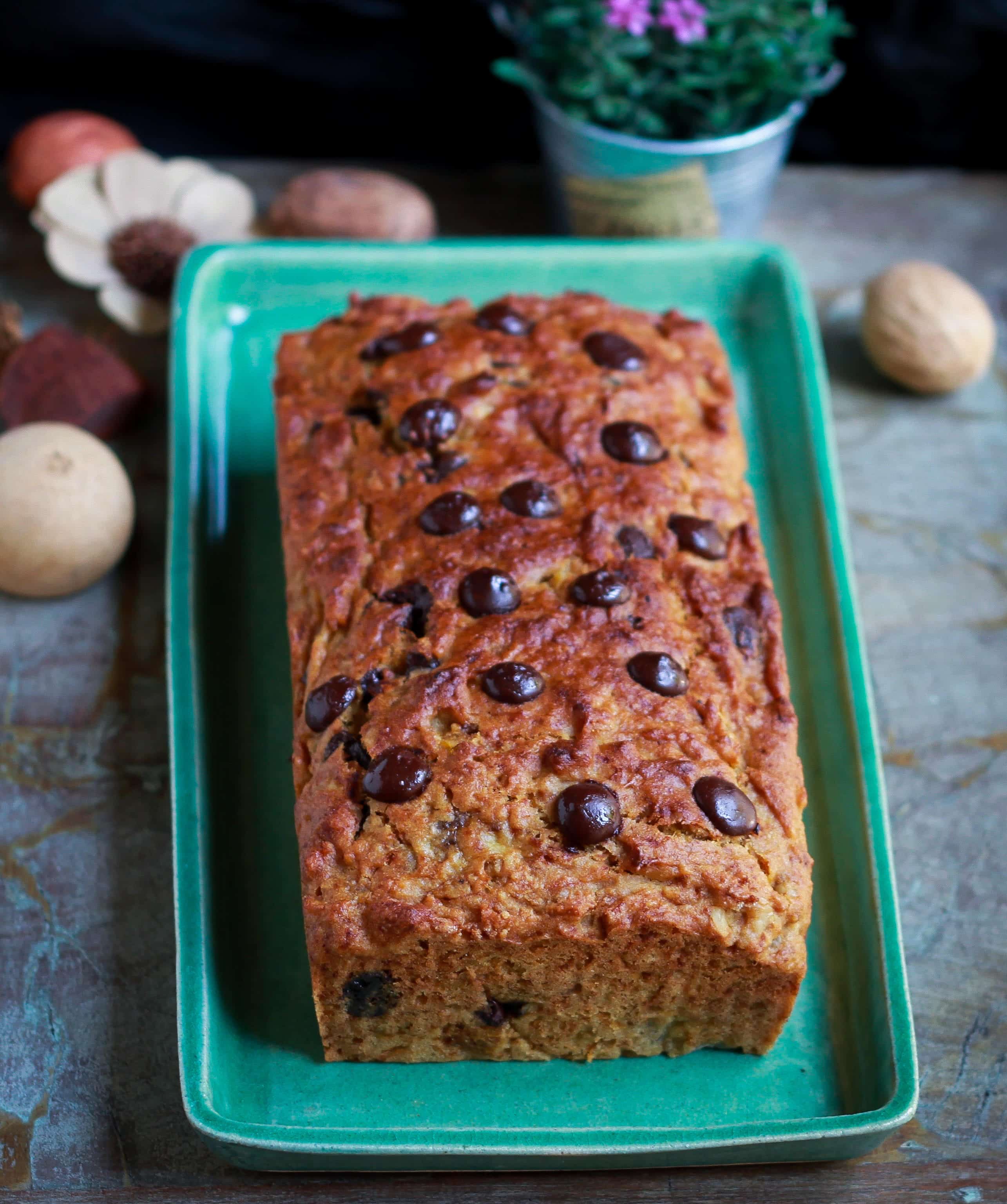 Pumpkin Banana Bread w/ walnuts & chocolate chips easy healthy wholegrain recipe