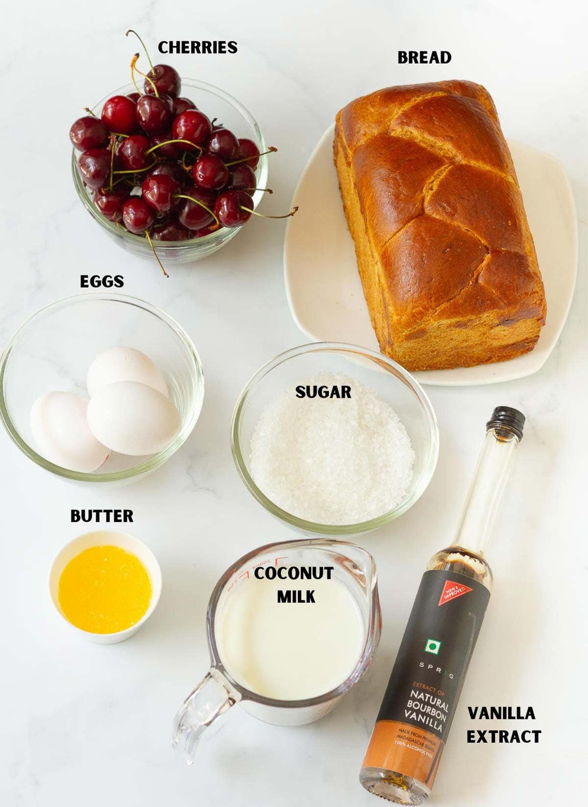Ingredients for making cherry bread pudding.