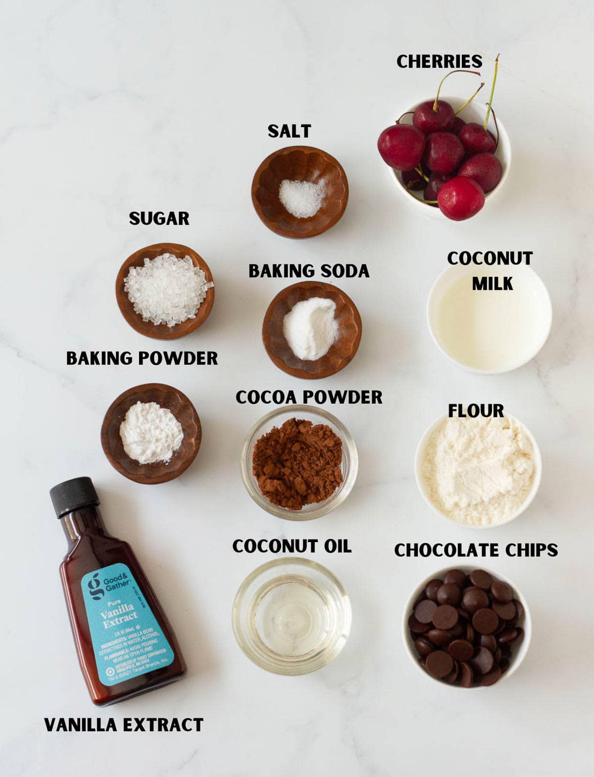 Ingredients for making chocolate cherry mug cake.