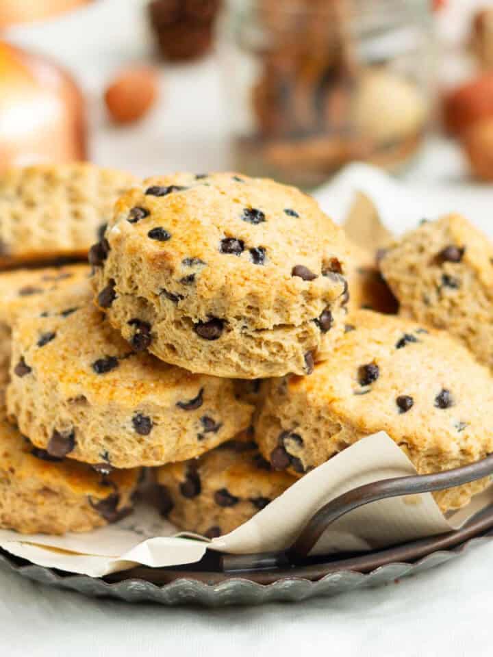 Cinnamon chocolate chip scones on a metal tray.