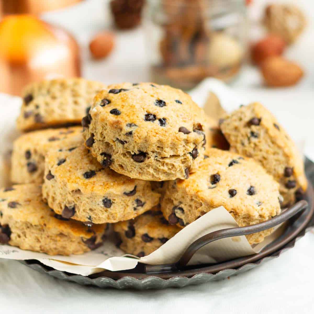 Cinnamon chocolate chip scones on a metal tray.