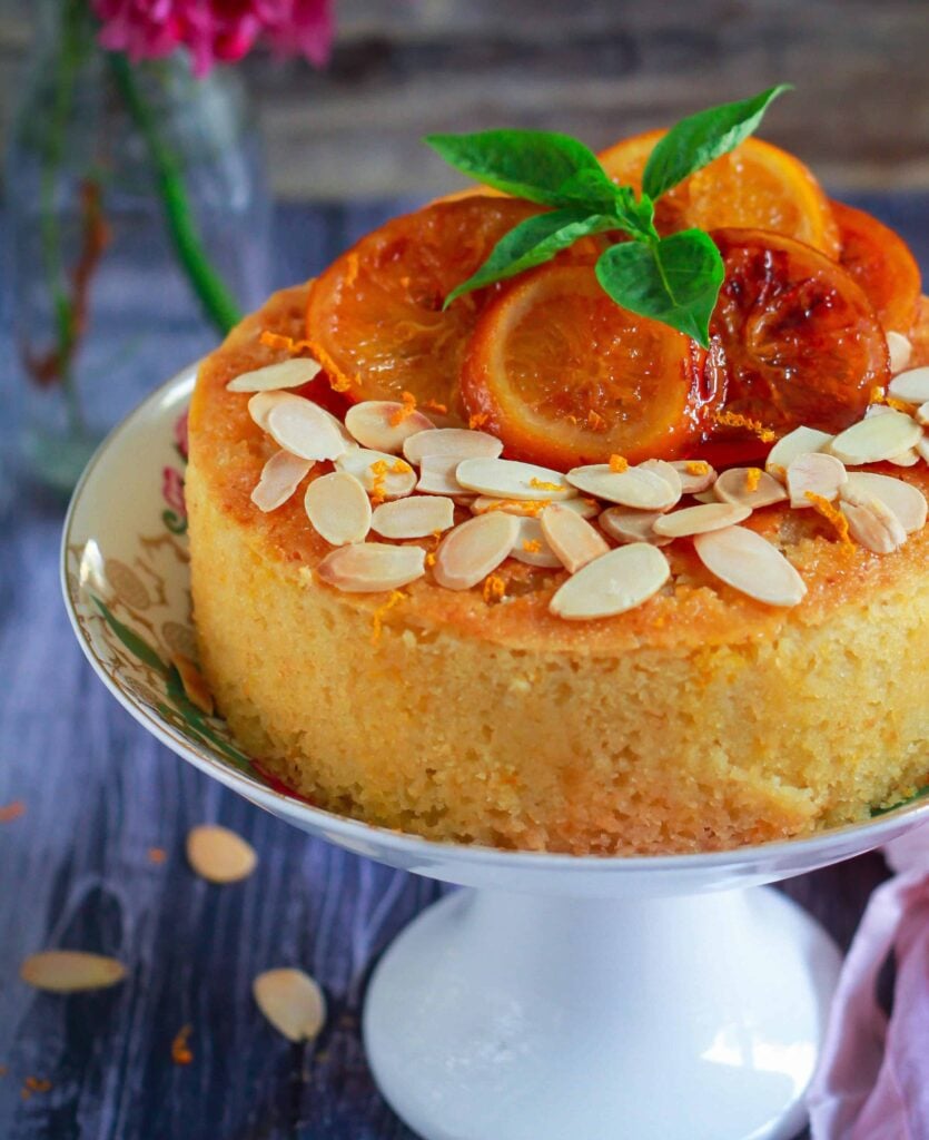 Orange Semolina Almond Cake w/ Orange Honey Syrup | eggless baking