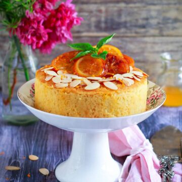 Orange Semolina Almond Cake w/ Orange Honey Syrup | eggless baking