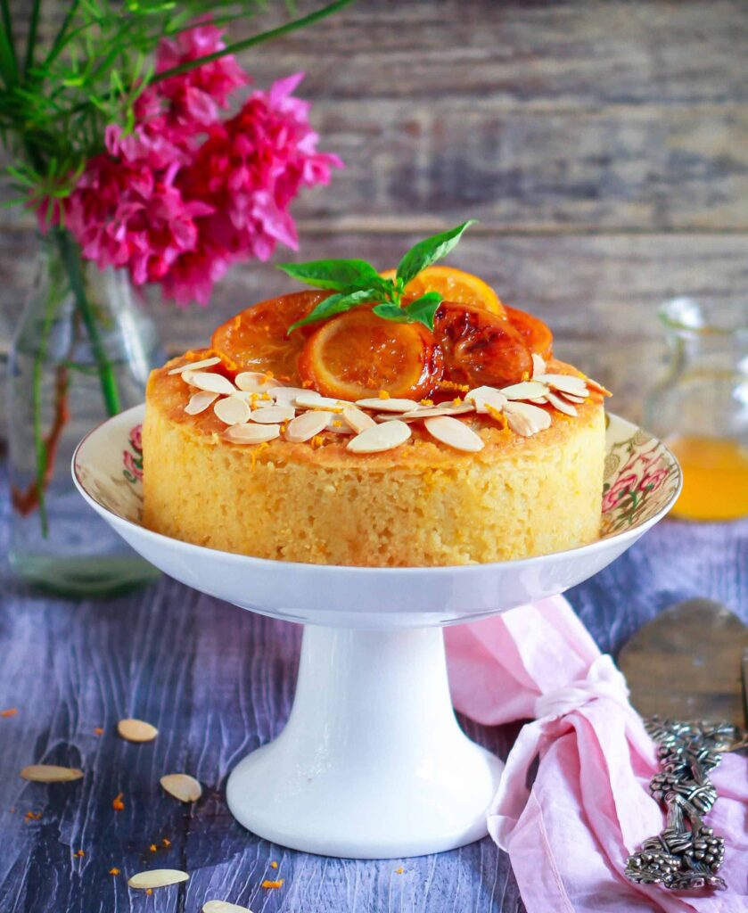 Orange Semolina Almond Cake w/ Orange Honey Syrup | eggless baking