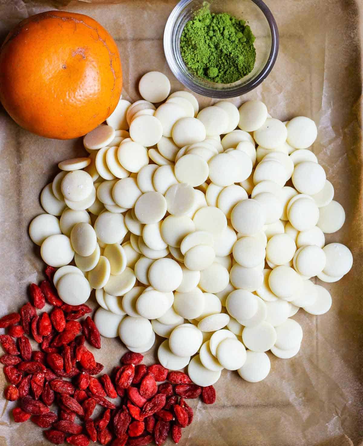 Ingredients for making matcha white chocolate bark.