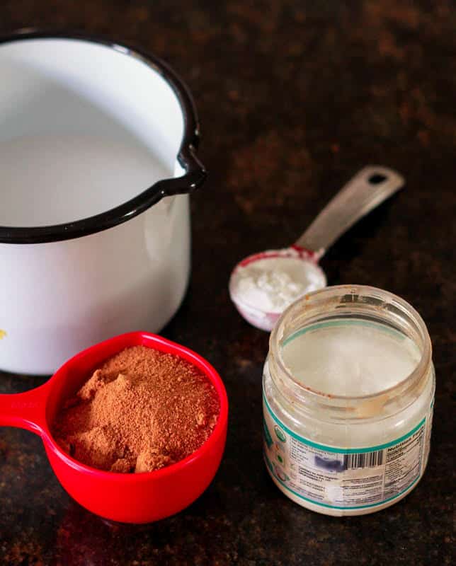 Ingredients for vegan caramel - coconut milk, coconut butter, coconut sugar, cornstarch