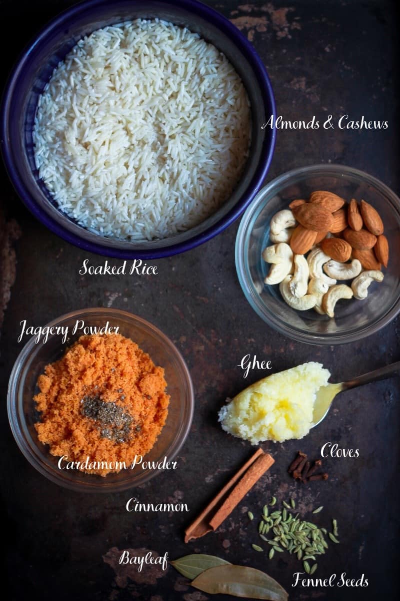 Ingredients for making Jaggery Rice Gur Wale Chawal Indian Festive Dessert
