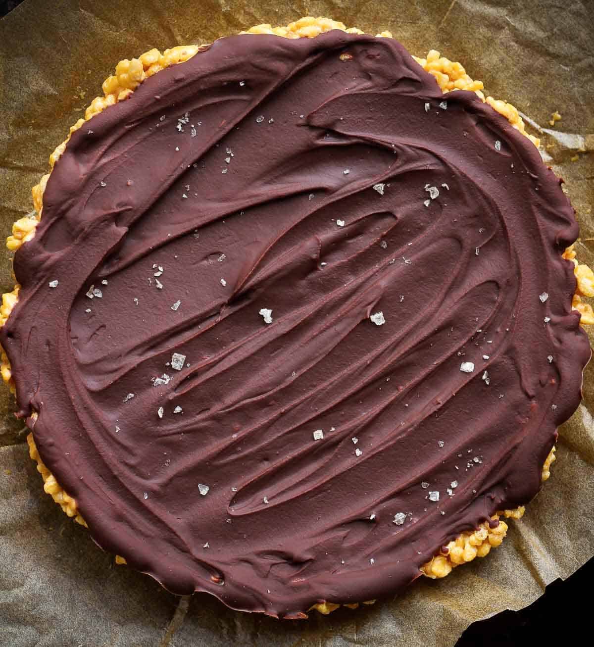 Rice Krispie base with chocolate and sea salt on top.