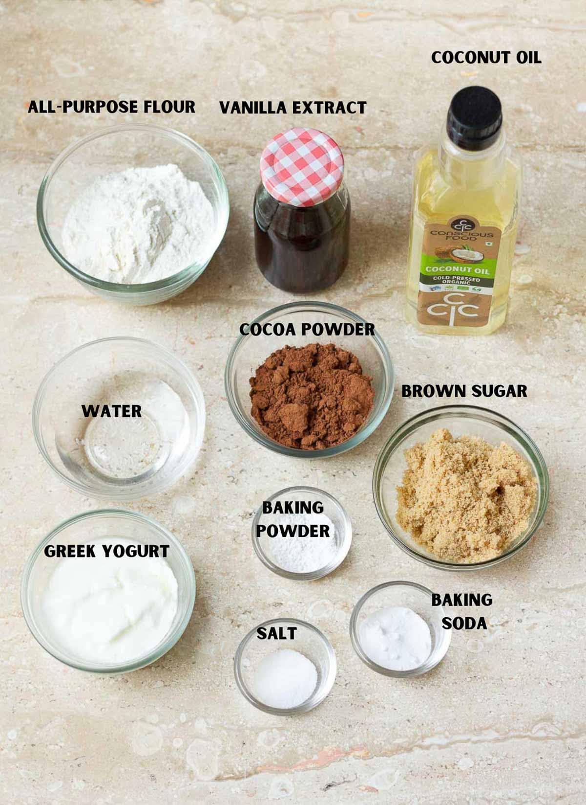 Labelled ingredients for making stovetop chocolate cake.