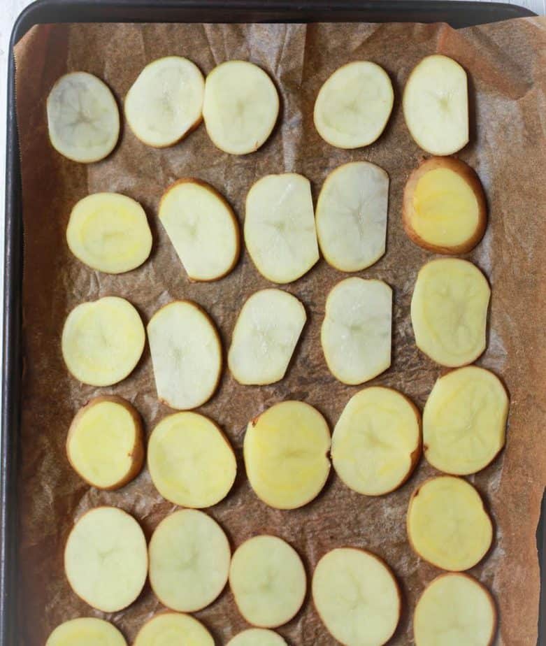 Sliced potatoes for Loaded Potato Nachos | Easy fun kid friendly recipe