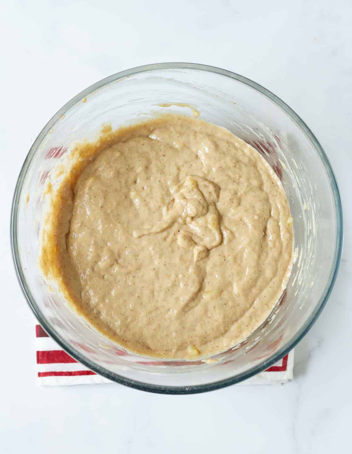 Batter in a glass mixing bowl.