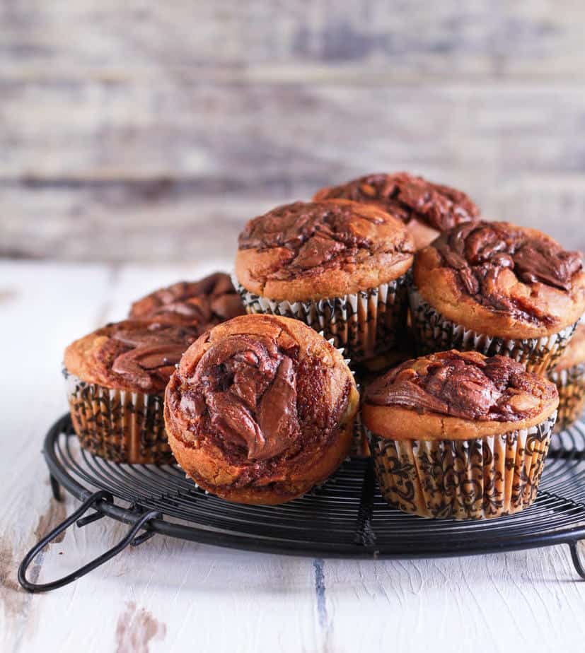 Nutella Banana Muffins on a wire rack.