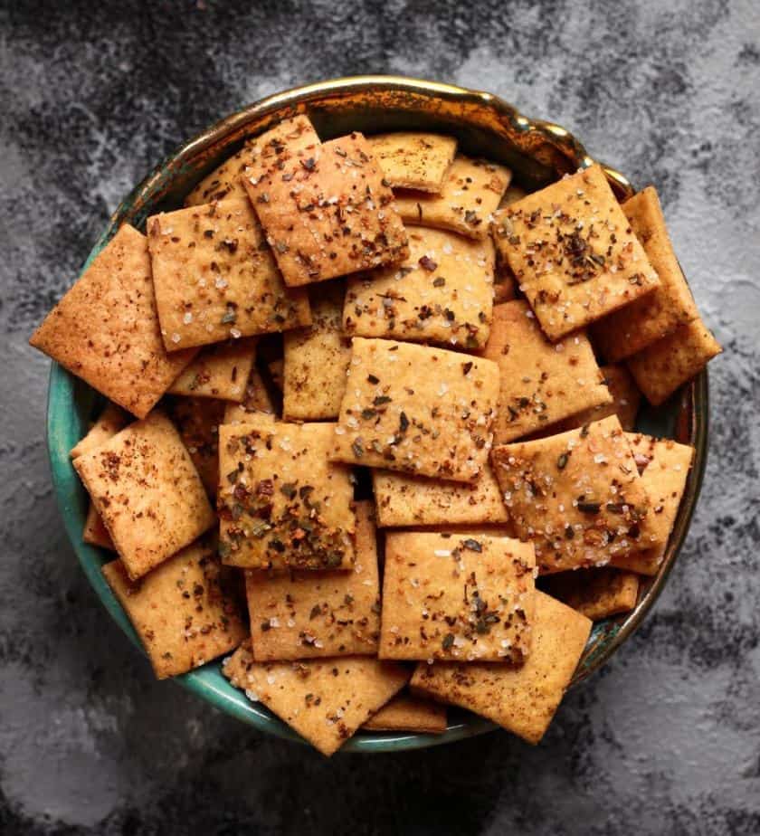 sourdough crackers in a small bowl.