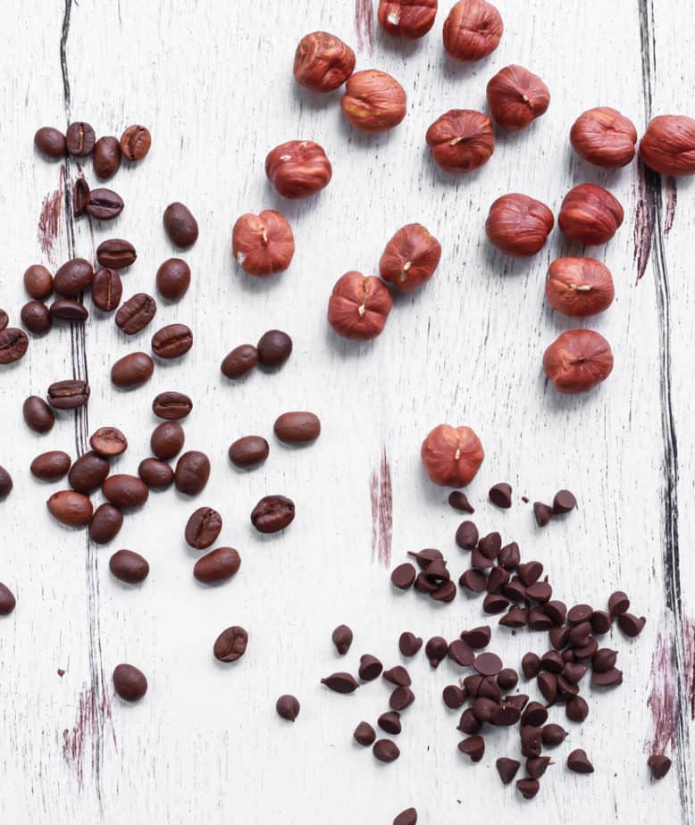 coffee beans, hazelnuts, chocolate chips for Vegan Coffee Hazelnut Madeleines