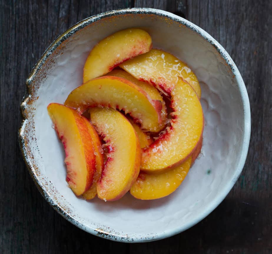 Macerating peaches for Peach Shortcake | Easy eggless shortcake recipe