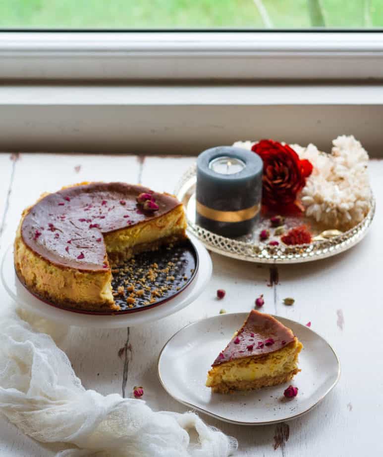 Saffron Cardamom Cheesecake| Eggless Baked Saffron Cheesecake