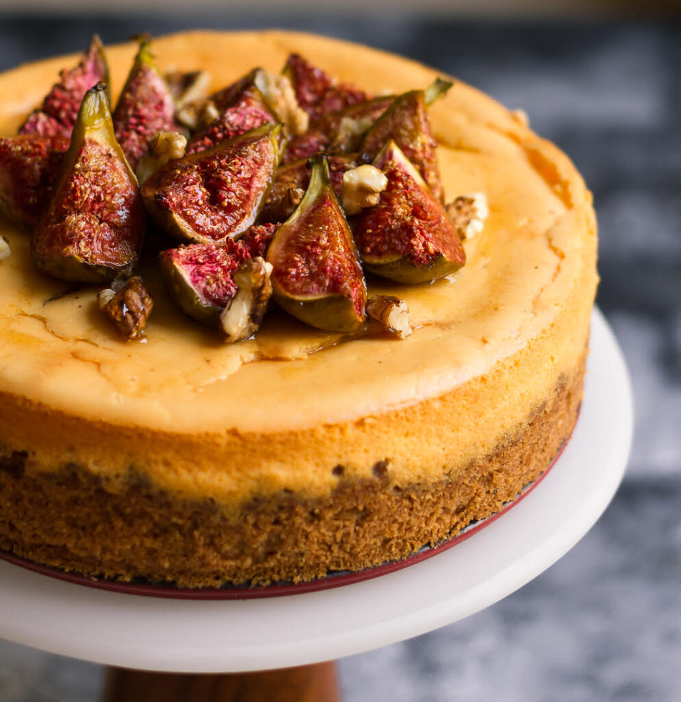 Cinnamon Cheesecake Recipe | cinnamon cheesecake with roasted figs, honey and walnuts