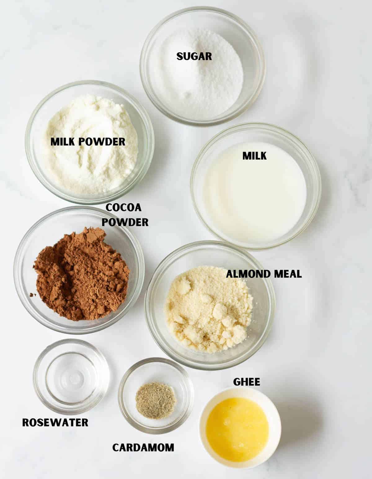 Labelled ingredients for making chocolate peda.