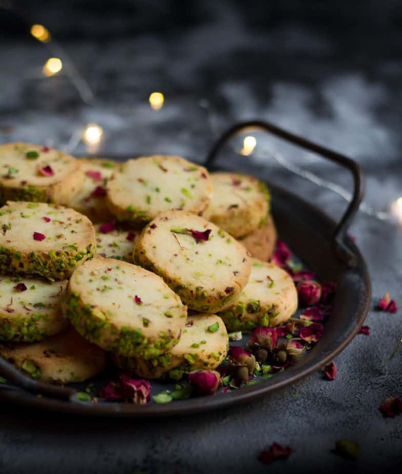 Eggless Rose Pistachio Cookies | Easy Festive Cookies | Kesar pista biscuits