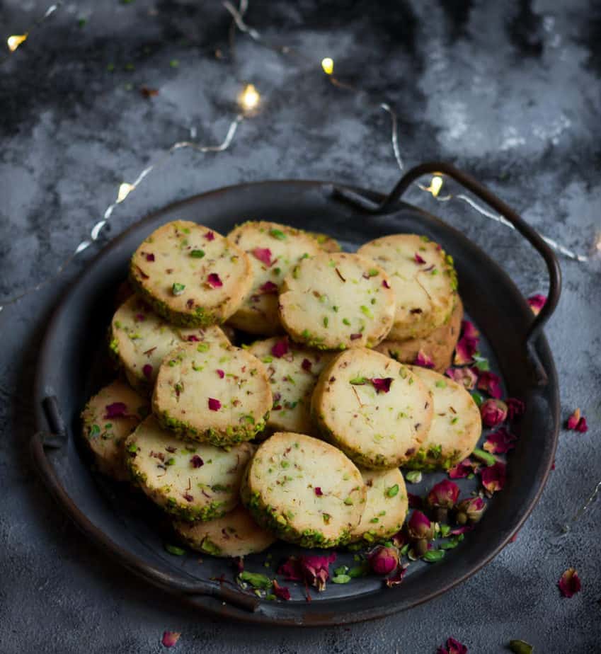 Eggless Rose Pistachio Cookies | Easy Festive Cookies | Kesar pista biscuits