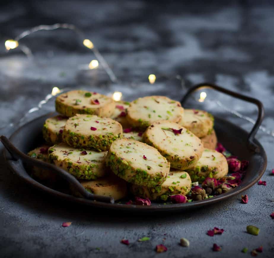 Eggless Rose Pistachio Cookies | Easy Festive Cookies | Kesar pista biscuits