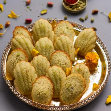 Cardamom Pistachio Madeleines | Easy Eggless Madeleine Recipe