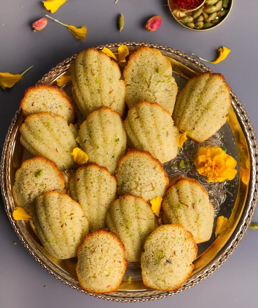 Cardamom Pistachio Madeleines  | Easy Eggless Madeleine Recipe