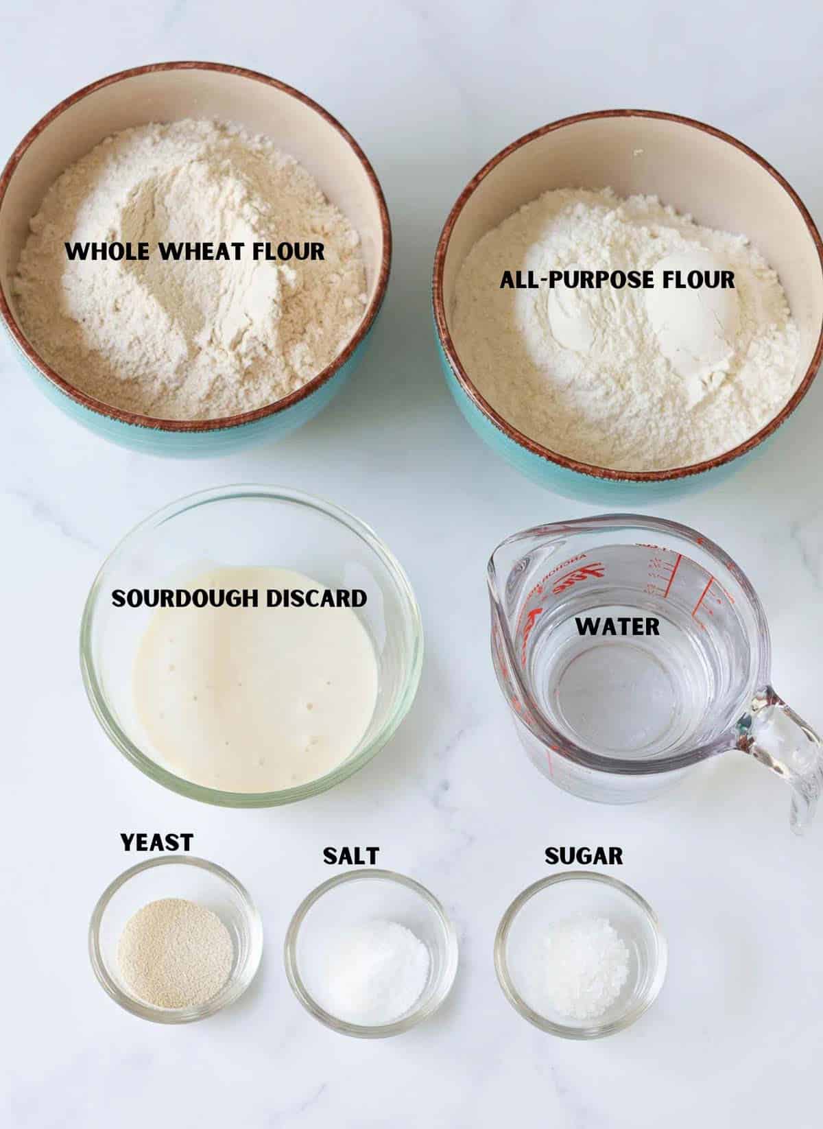 Labelled ingredients for making sourdough discard bread.