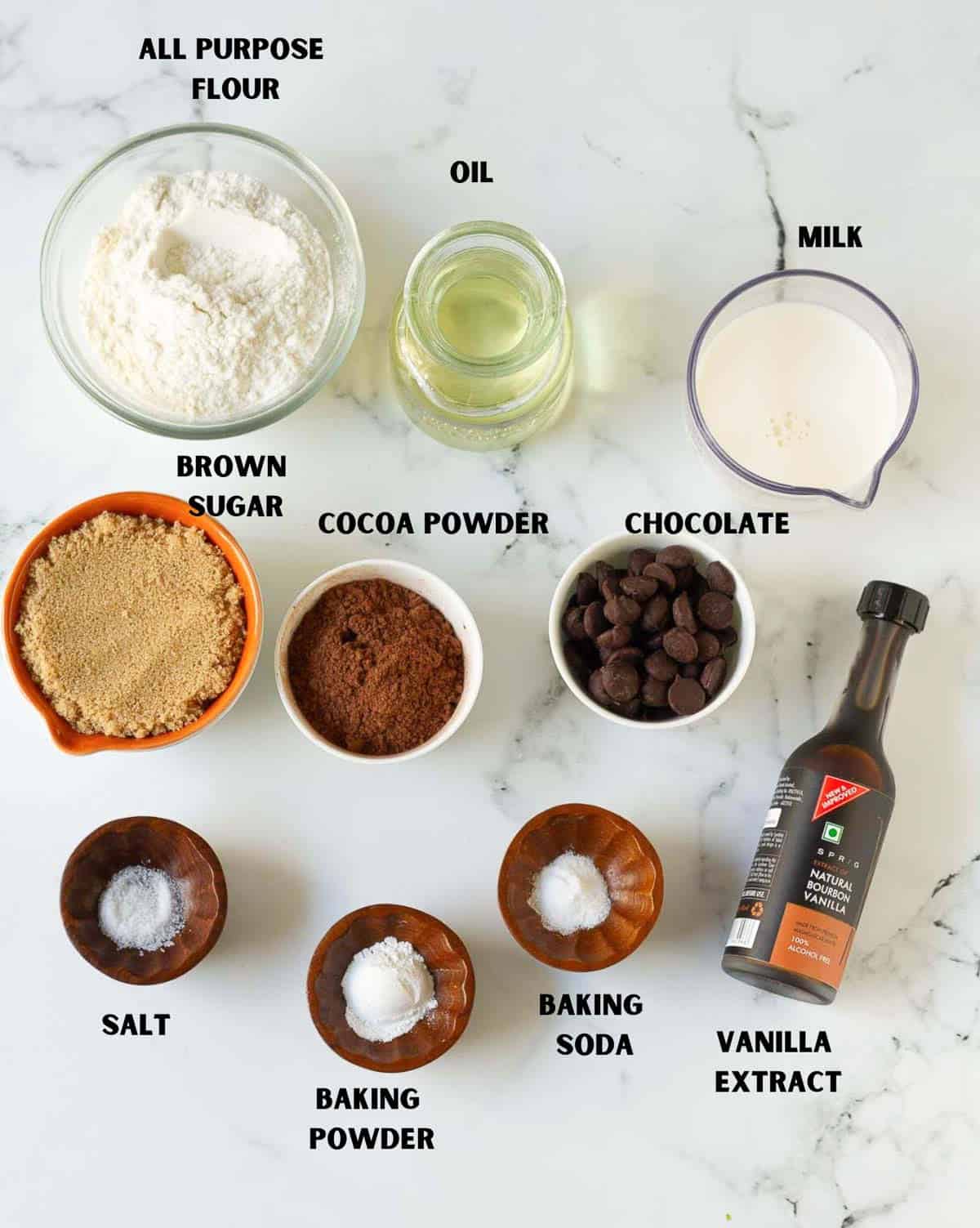 Labelled ingredients for making eggless chocolate lava cake.