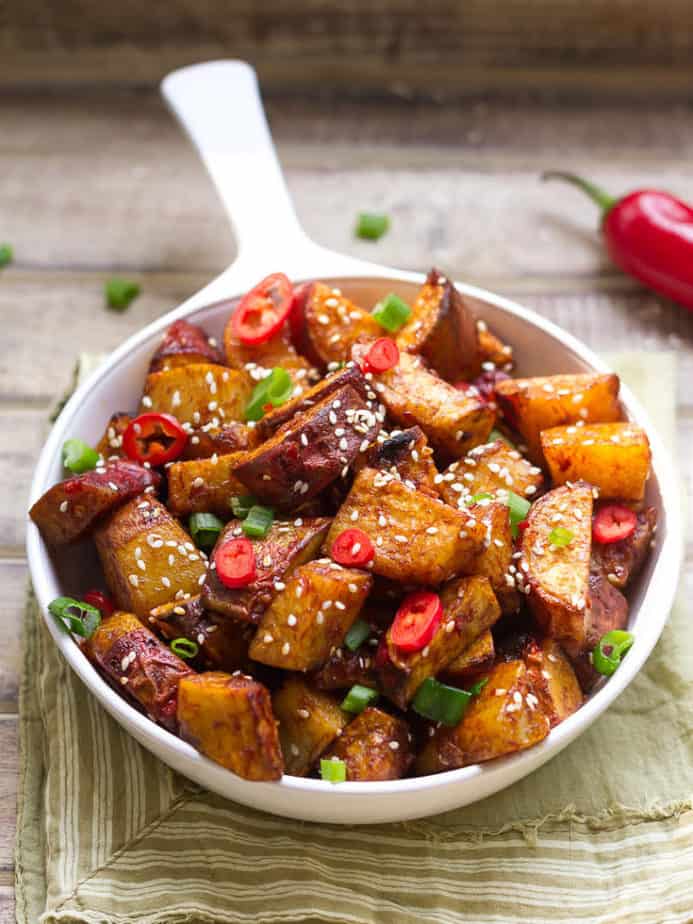 Sticky Chili Sweet Potatoes | Easy vegan Asian spicy baked sweet potatoes