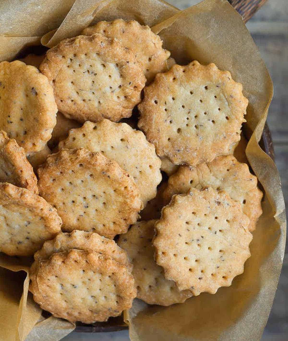 Golden, crispy crackers in a bowl.
