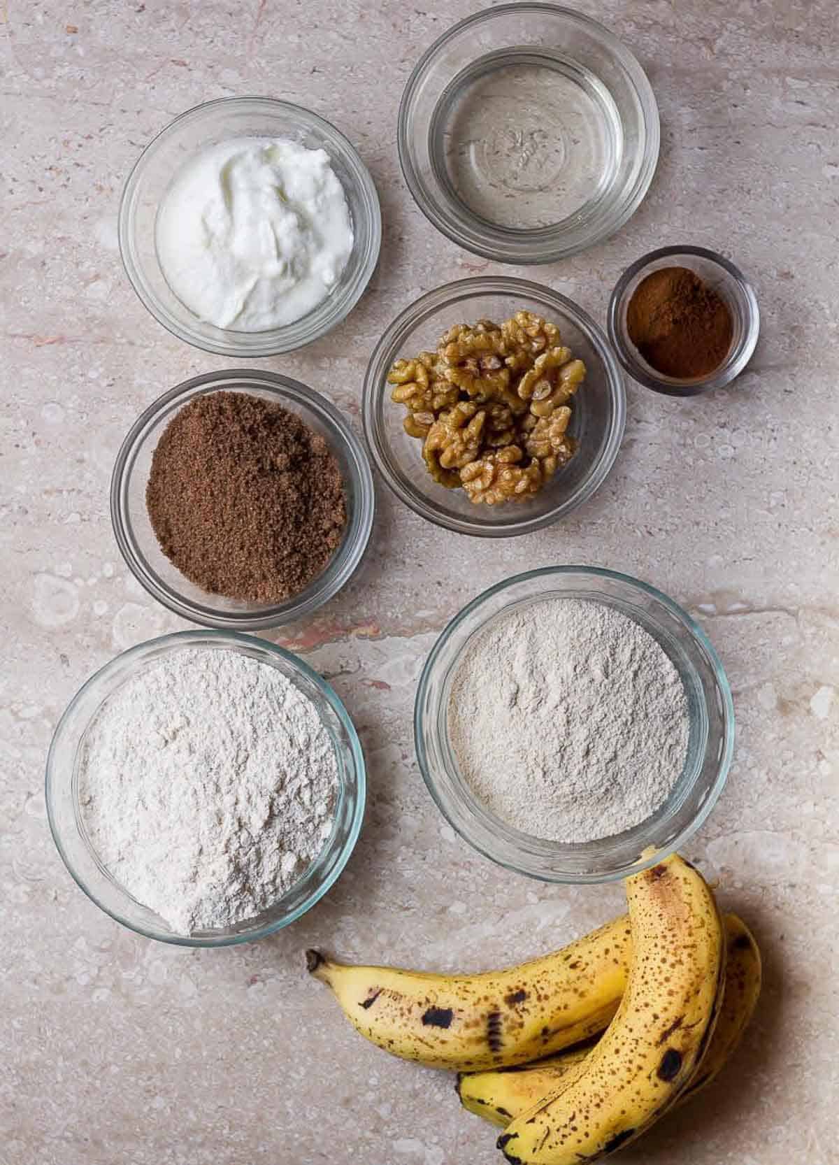Ingredients for making coffee banana cake.