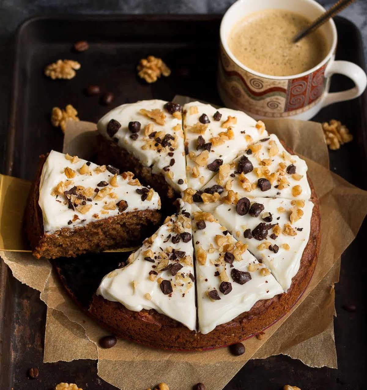 Sliced cake on a black tray with a cup of coffee.